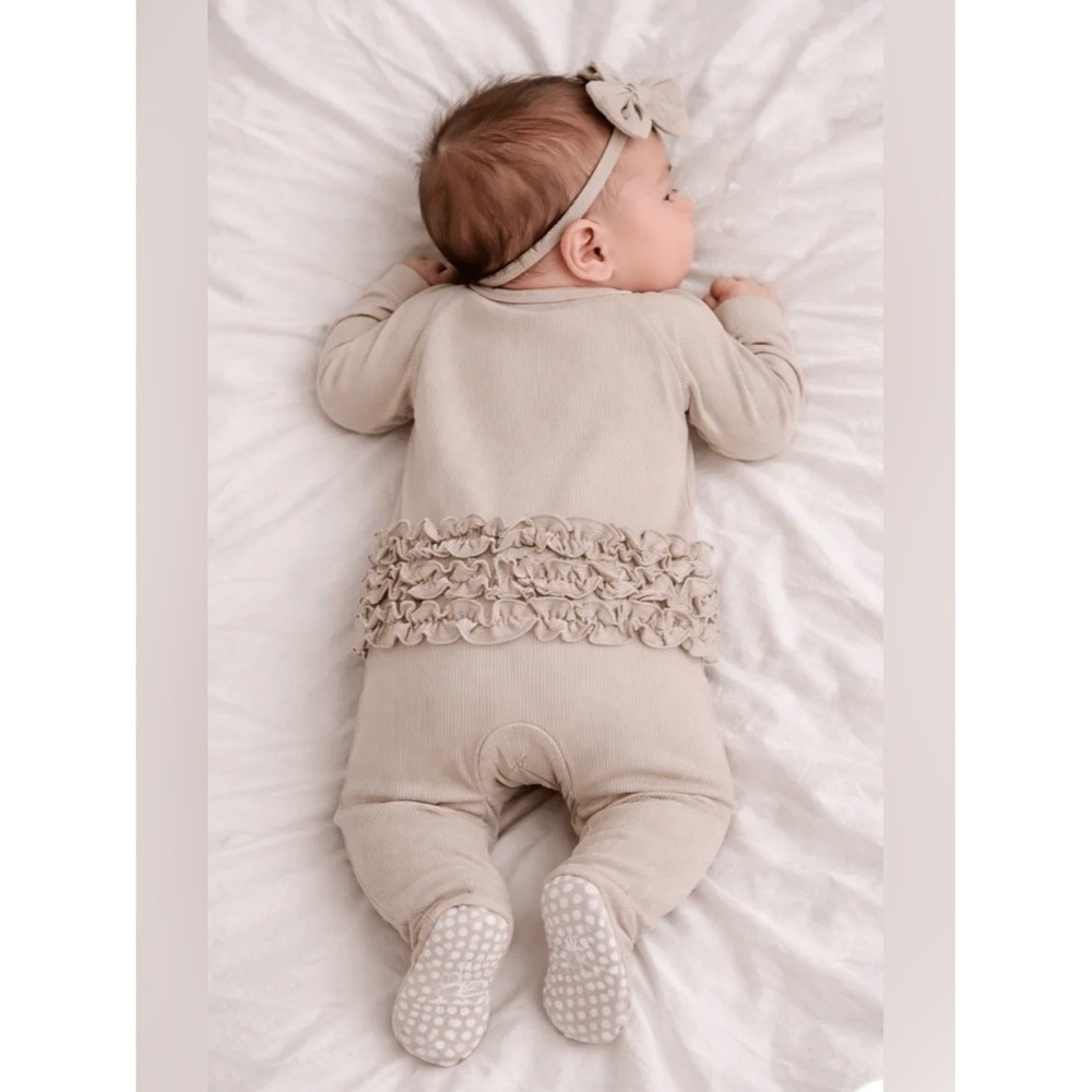 Sweet Bamboo Ruffle Footie Sleeper 3-6 Months Oatmeal Sustainable